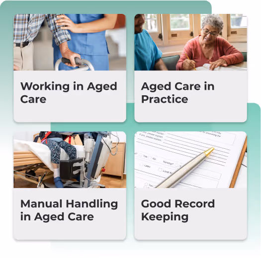 Collage of aged care scenarios including assistance, a meeting, manual handling, and paperwork.