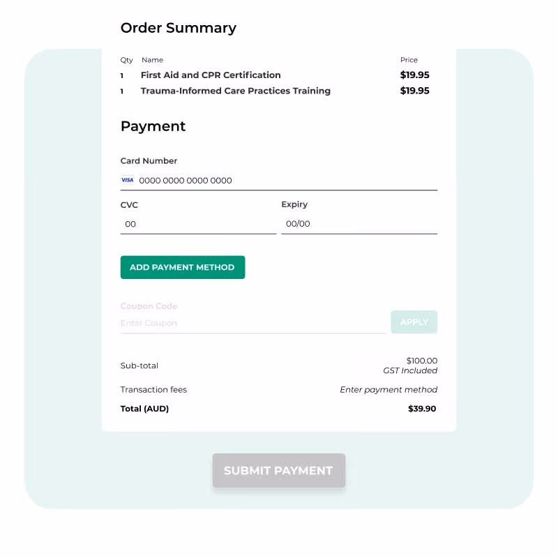 The payment screen for a learner purchasing a course