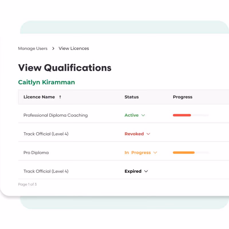 A preview of the Qualifications using showing in progress, not started and completed qualifications/licences