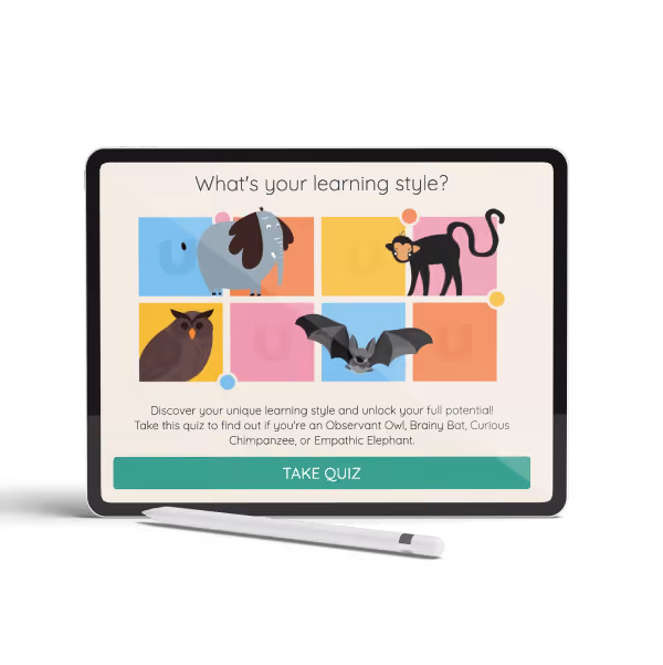 A resource mockup showing the animal learning style quiz