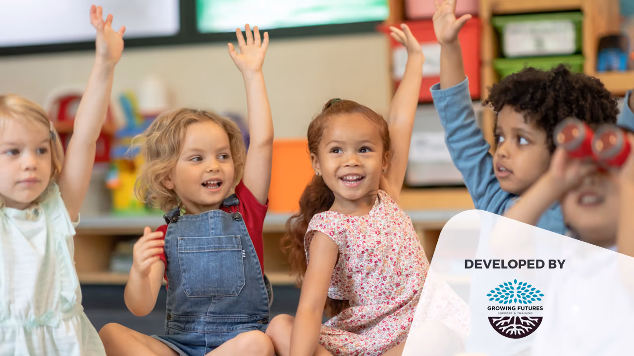 Young kindergarten children raising their hands in class
