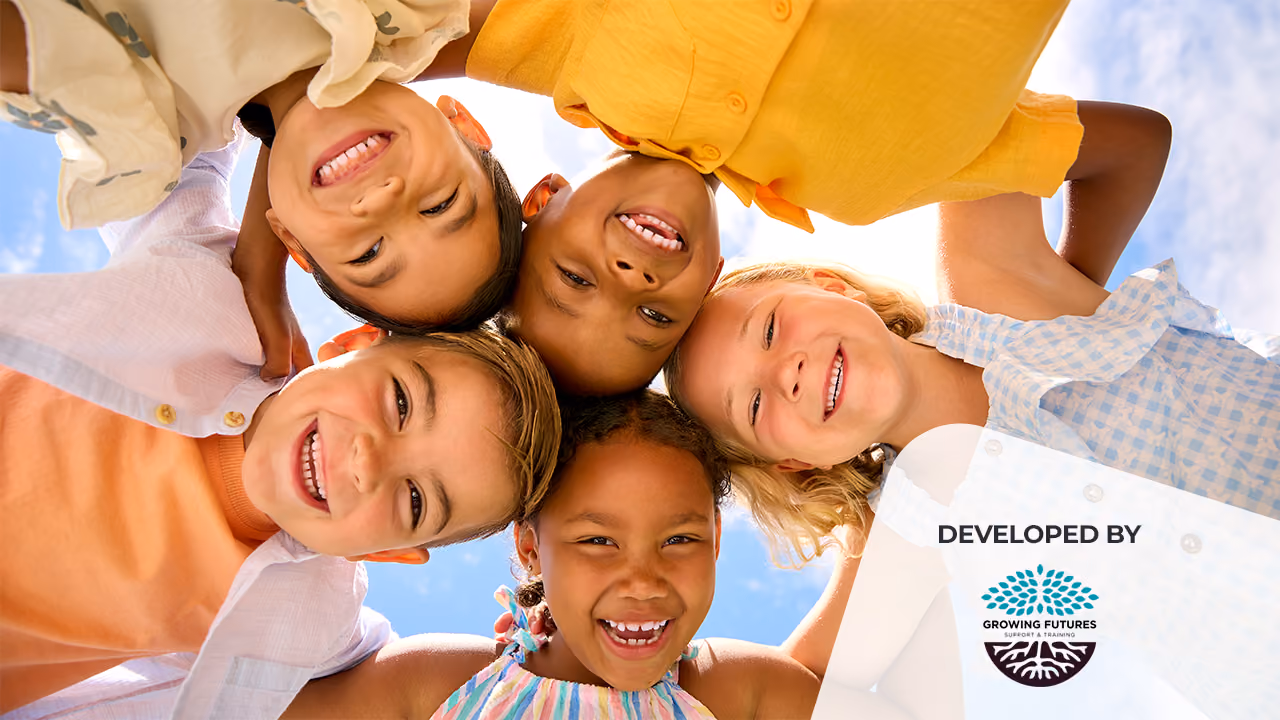 A group of five multi-diverse children, huddled together looking down at camera smiling