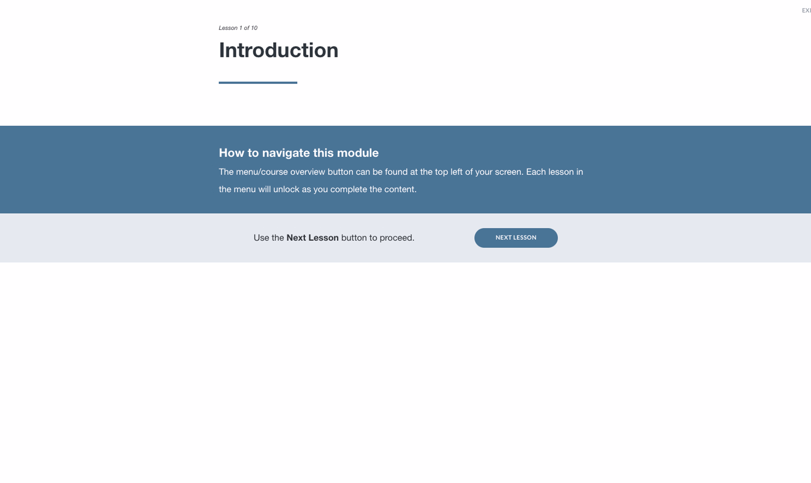 A preview of the introduction screen. Screen has the word 'introduction' and some text about how to navigate the course.