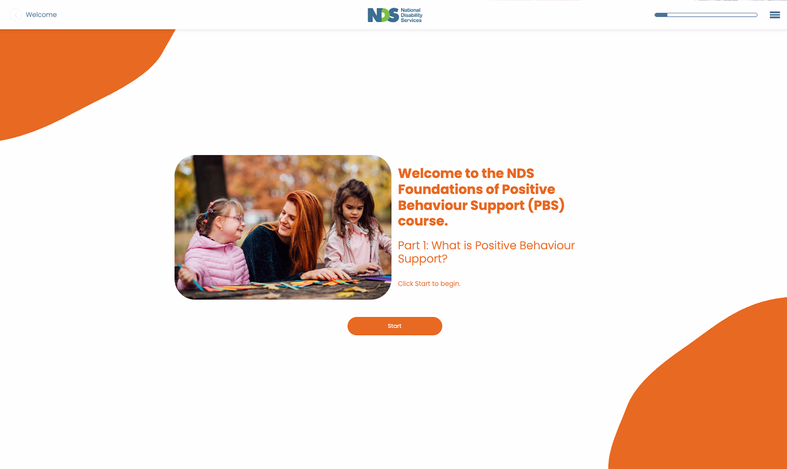 The welcome screen for the Positive Behaviour Support Course 