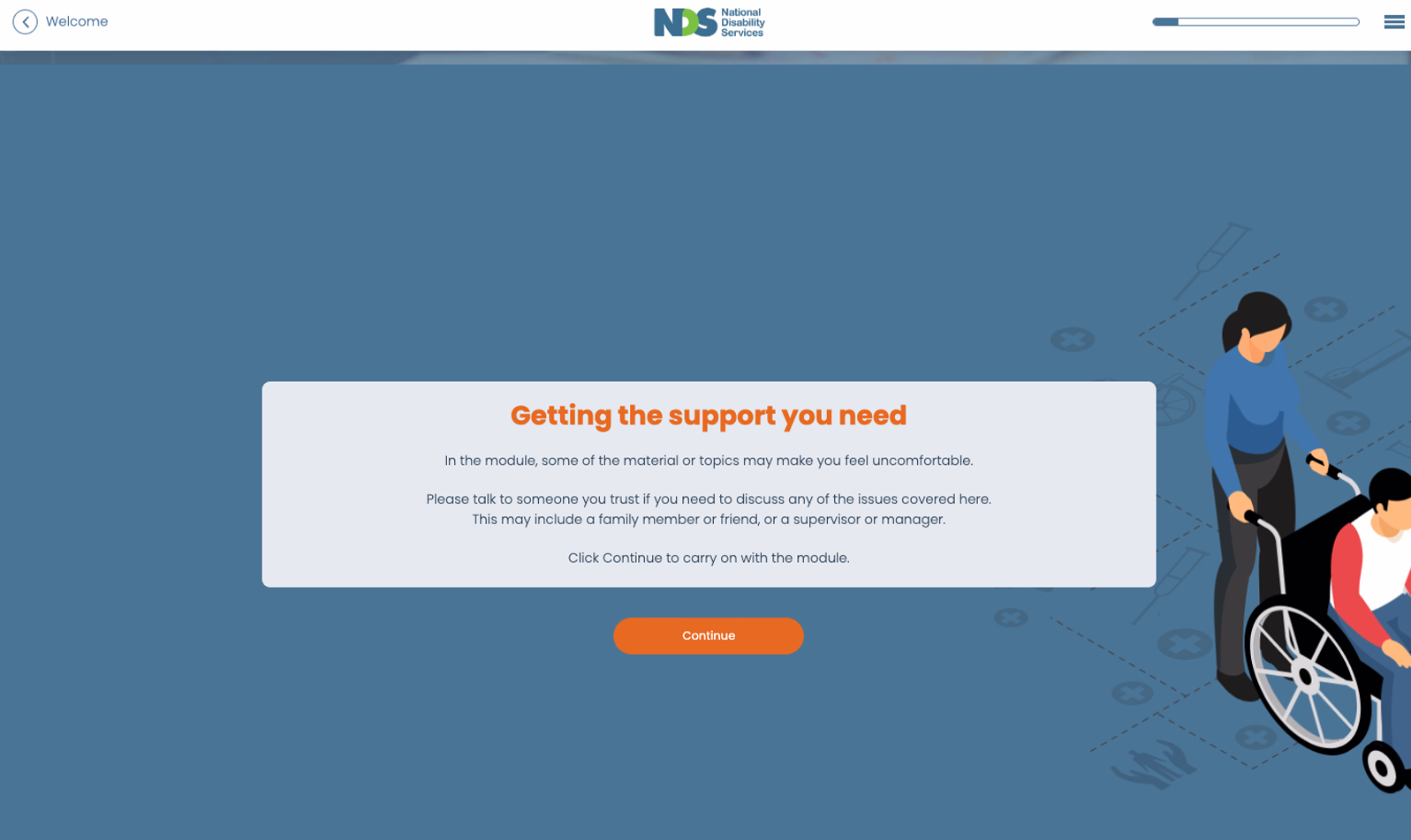 A preview of a course. There is text on screen which is advising the learner that topics in the course may be uncomfortable and advising the learner on how they can get support