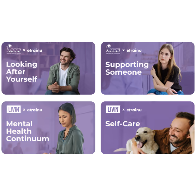 Four cards titled Looking After Yourself with a smiling man, Supporting Someone with a distressed woman holding her head, Mental Health Continuum with a pensive woman, and Self-Care with a man happily hugging a golden retriever dog.