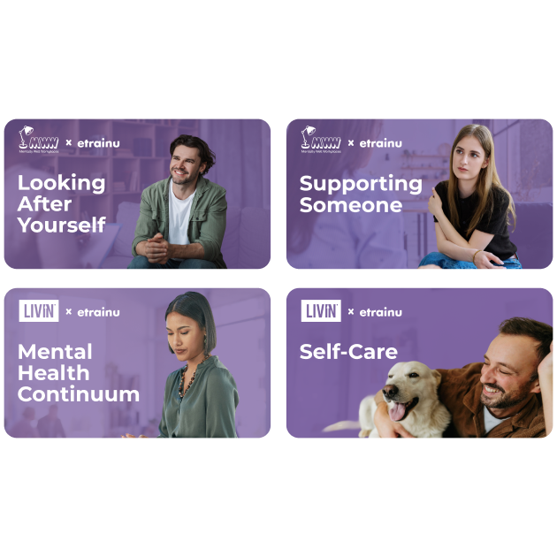 Four cards titled Looking After Yourself with a smiling man, Supporting Someone with a distressed woman holding her head, Mental Health Continuum with a pensive woman, and Self-Care with a man happily hugging a golden retriever dog.