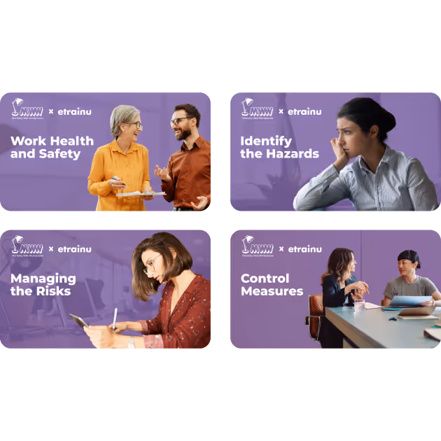 Four panels with workplace wellbeing themes: a woman sitting at a desk rubbing her eyes with text 'Psychosocial Hazards for Employees'; a side-profile of a woman in a black turtleneck holding her shoulder with text 'Looking after yourself'; a smiling woman with curly hair using a laptop with text 'Control Measures'; a woman with glasses resting her chin on her hand with text 'Assess the Risks'.