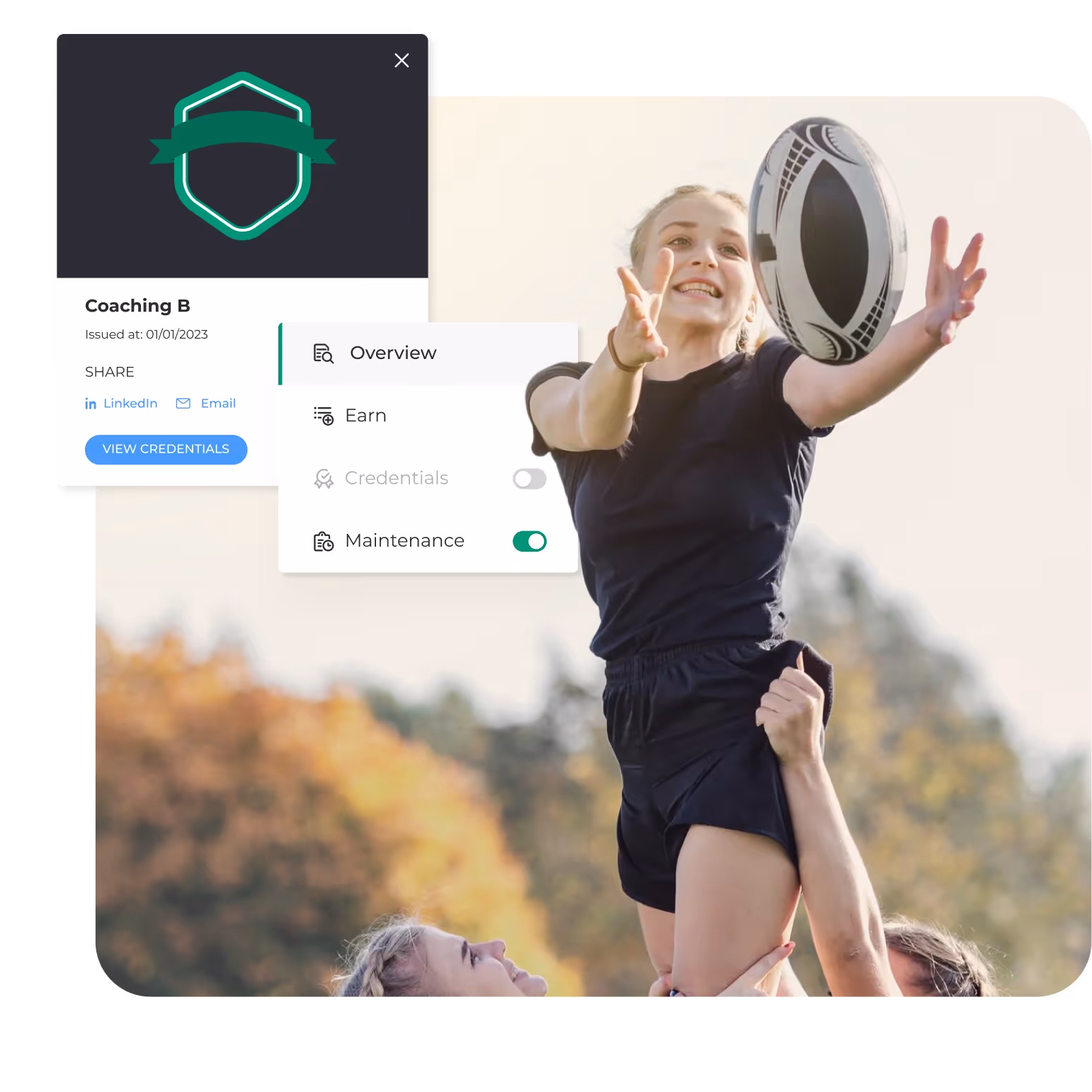 a girl play rugby with mock ups of CEU management