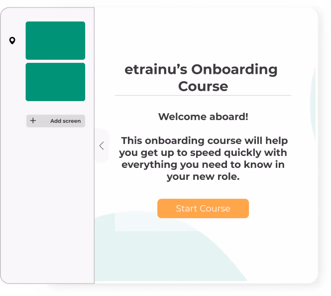 Interface of etrainu's Onboarding Course welcome screen with text explaining the course purpose and a clickable orange Start Course button.