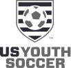 US Youth Soccer logo featuring a soccer ball above wavy stripes.