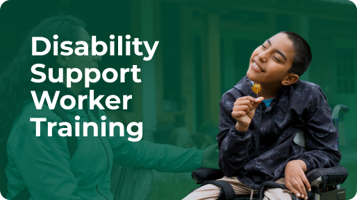 Smiling boy in wheelchair holding a small yellow flower, with woman sitting beside him and text 'Disability Essentials'.