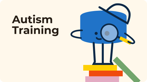 Cartoon blue character with magnifying glass standing on colorful blocks beside text 'Autism Training'.