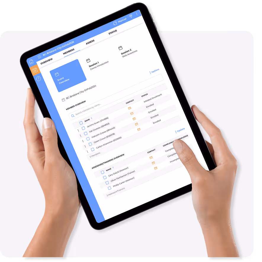 Tablet showing a training management app with session and member enrollment details.