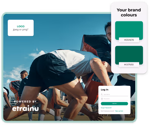 Athletes in black shorts practicing tackling with padded shields outdoors under a clear sky.