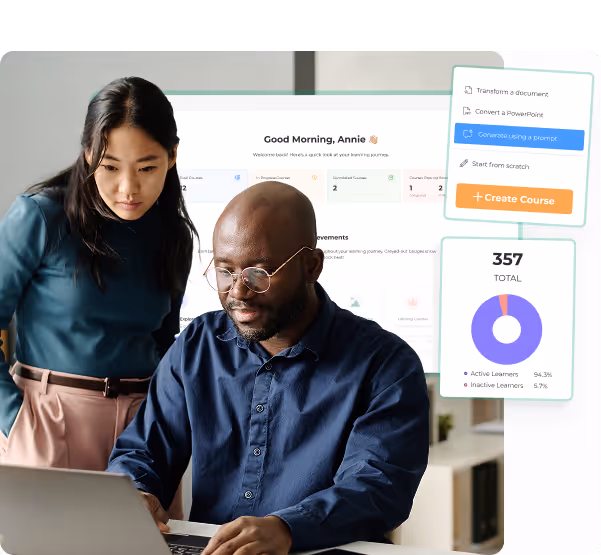 A man and woman working together on a laptop with an online course dashboard showing options to create a course and learner statistics.