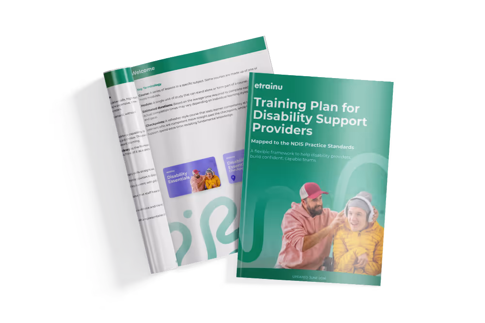 Training Plan for Disability Support Providers booklet with a man and a smiling child on the cover.