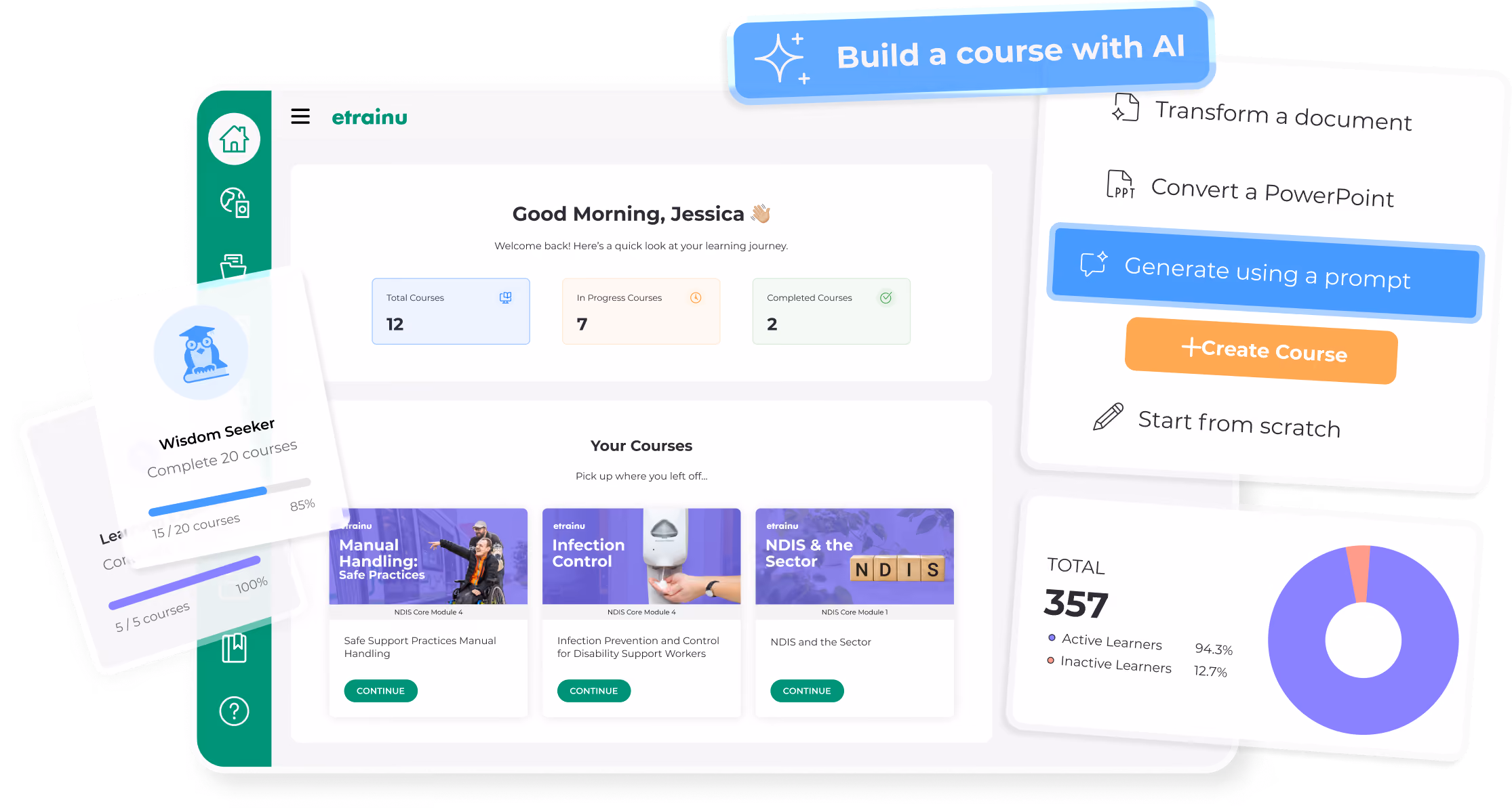 Dashboard showing user progress on courses and options to create or generate courses with learner statistics chart.