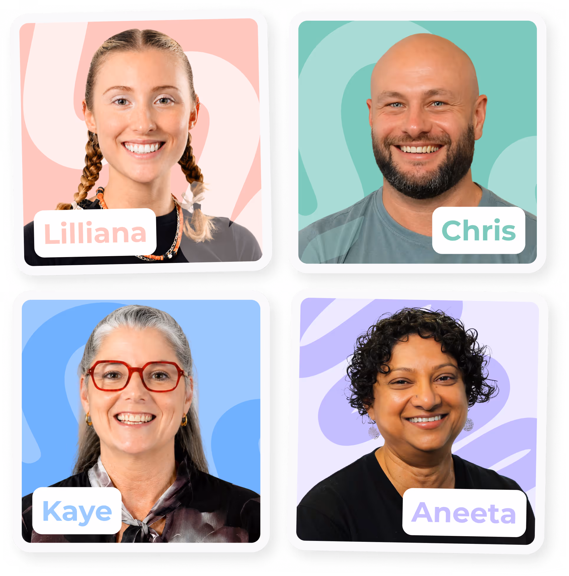 Four diverse people smiling in individual square frames with colorful abstract backgrounds.