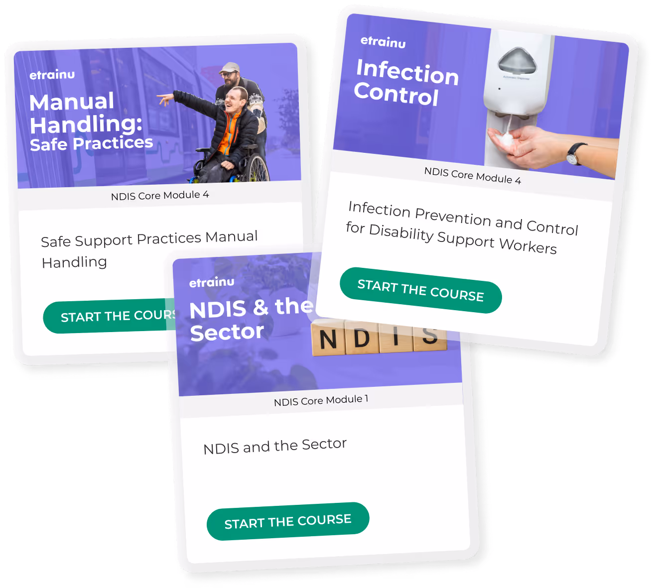 Three etrainu NDIS course cards: Manual Handling, Infection Control, and NDIS & the Sector with start buttons.
