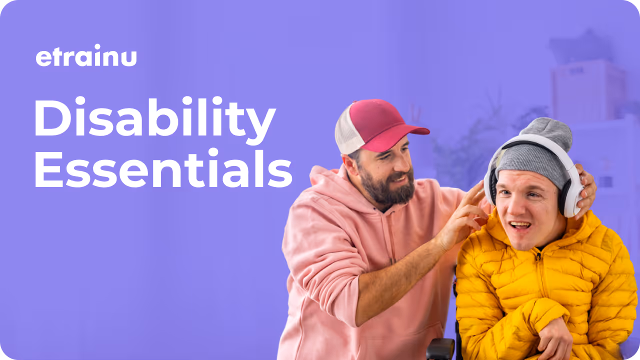 Smiling boy in wheelchair holding a small yellow flower, with woman sitting beside him and text 'Disability Essentials'.