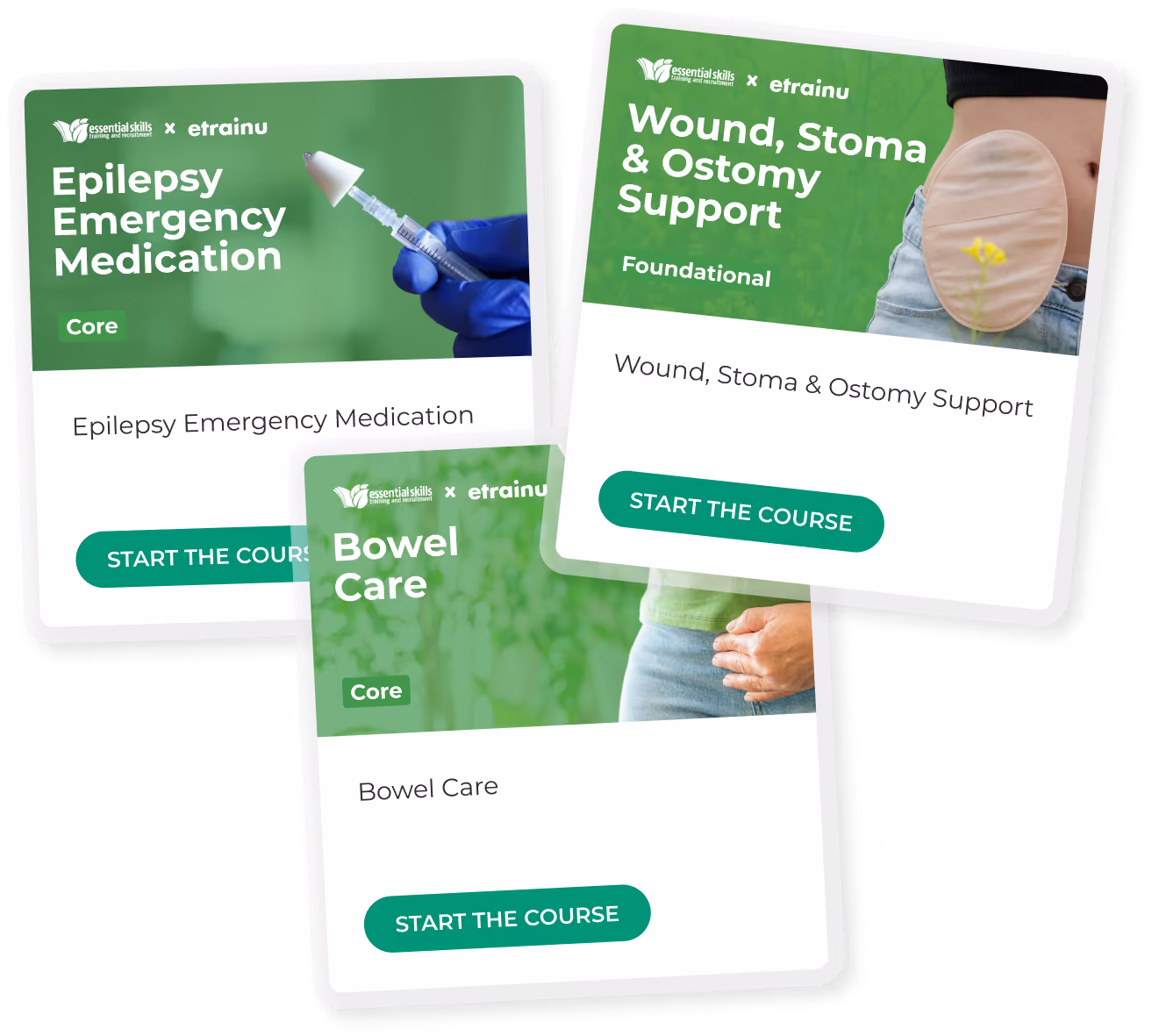 Three training course cards for epilepsy medication, wound and ostomy support, and bowel care with start buttons.