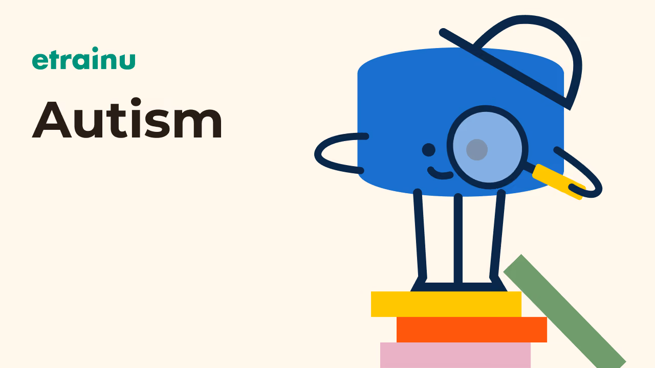 Blue character with magnifying glass standing on colorful stacked books, text 'Autism' and 'etrainu' on left.