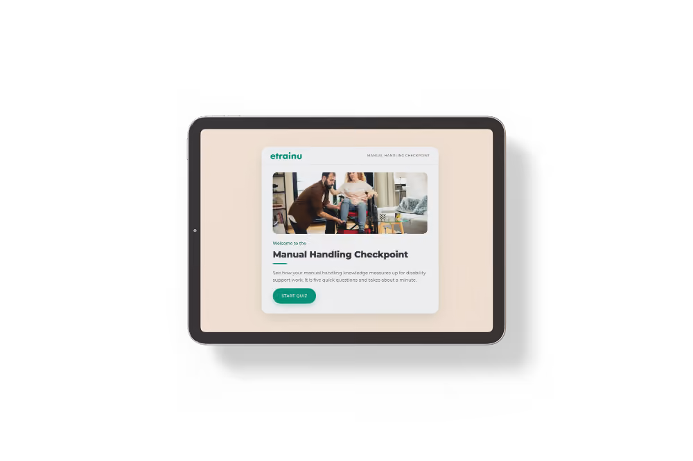 Tablet screen displaying Manual Handling Checkpoint quiz with image of two people, one assisting the other.