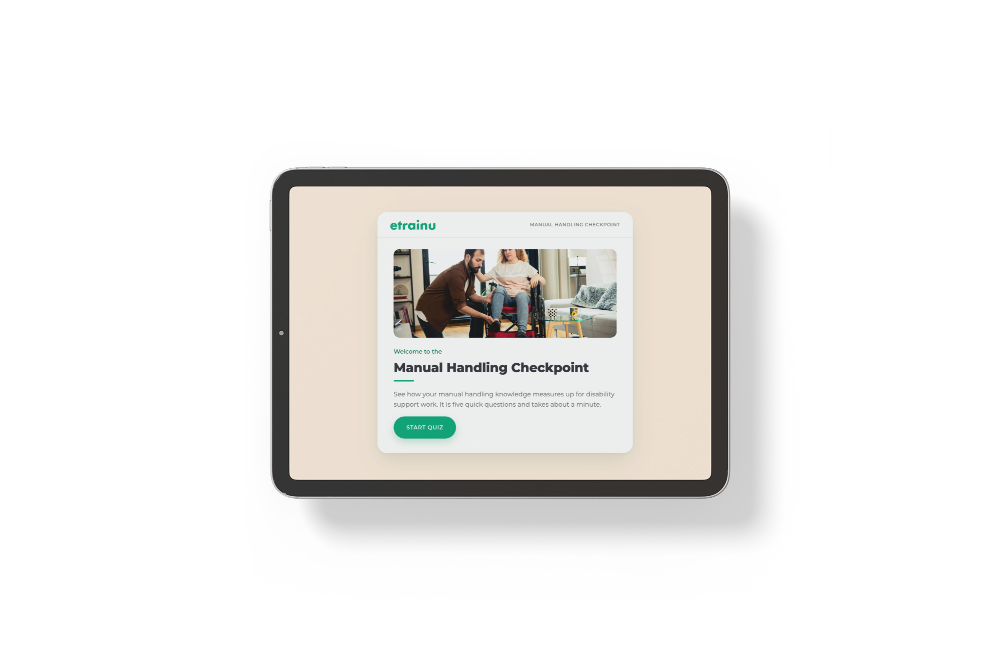 Tablet screen displaying Manual Handling Checkpoint quiz with image of two people, one assisting the other.