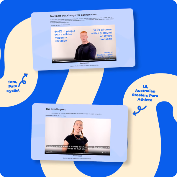 Two video frames with disability stats and personal impact, featuring Tom, para cyclist, and Lil, para athlete.