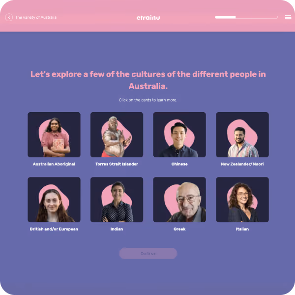 Educational screen displaying cultures in Australia with photos and labels of eight cultural groups.