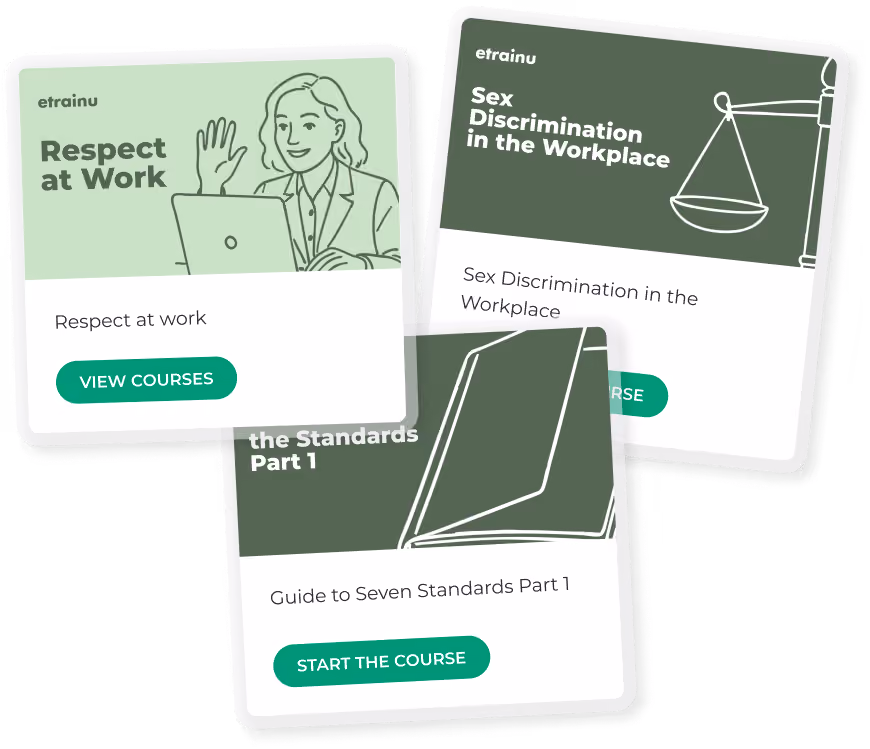 Three course cards titled Respect at Work, Sex Discrimination in the Workplace, and Guide to Seven Standards Part 1.
