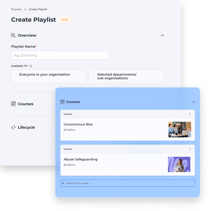 Create Playlist screen with options for playlist name, availability, and a Courses list showing two course titles.
