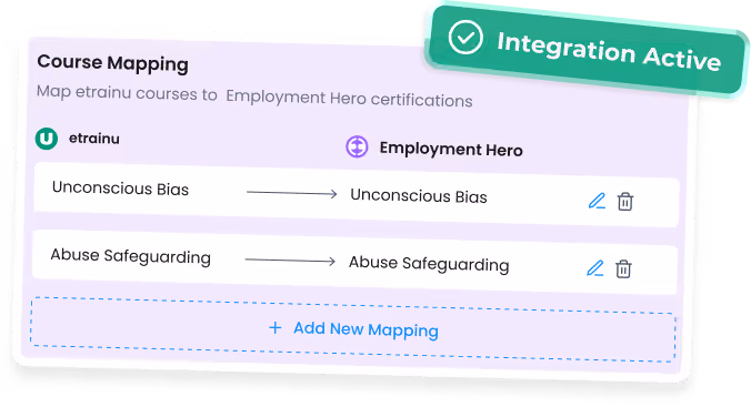Course mapping interface showing etrainu courses linked to Employment Hero certifications with two mapped courses.