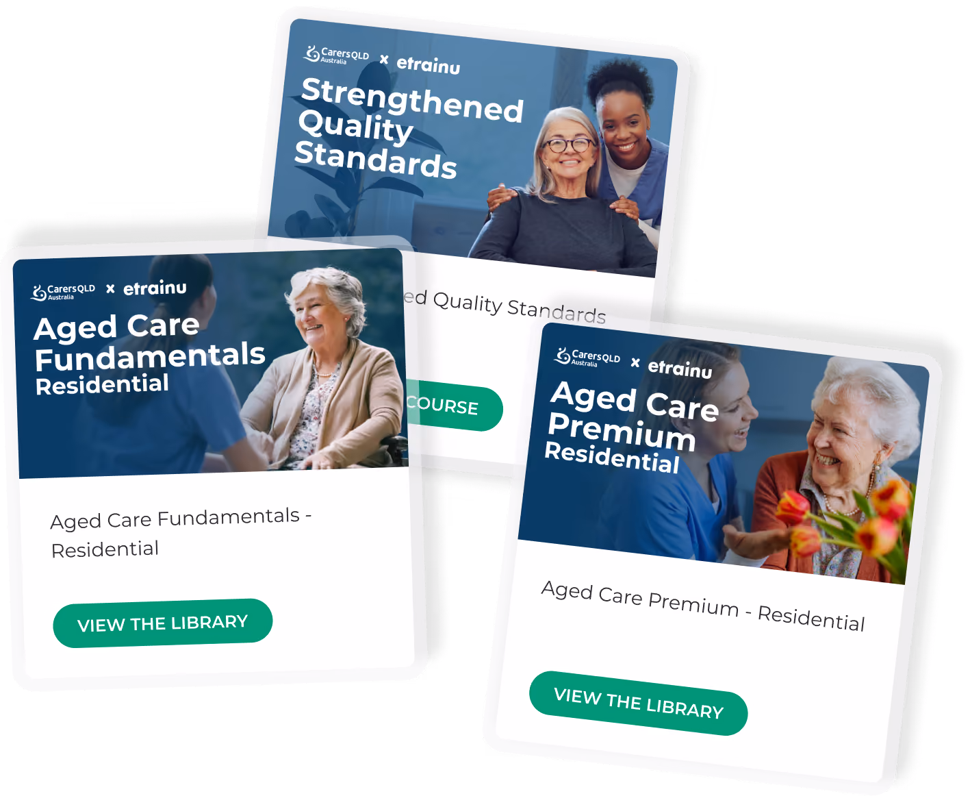 Three cards showing aged care training courses with carers and elderly people, labelled Fundamentals and Premium.
