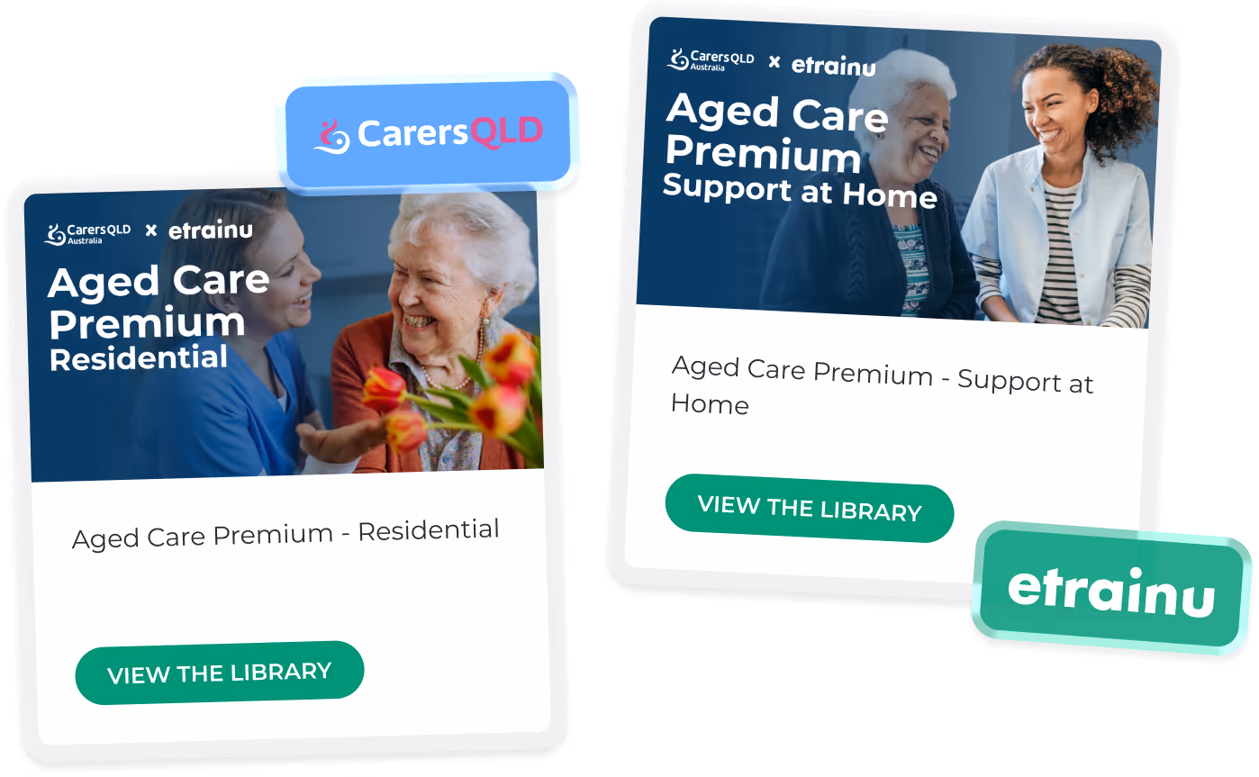 Two cards showing aged care support programs with carers smiling with elderly women and View the Library buttons.