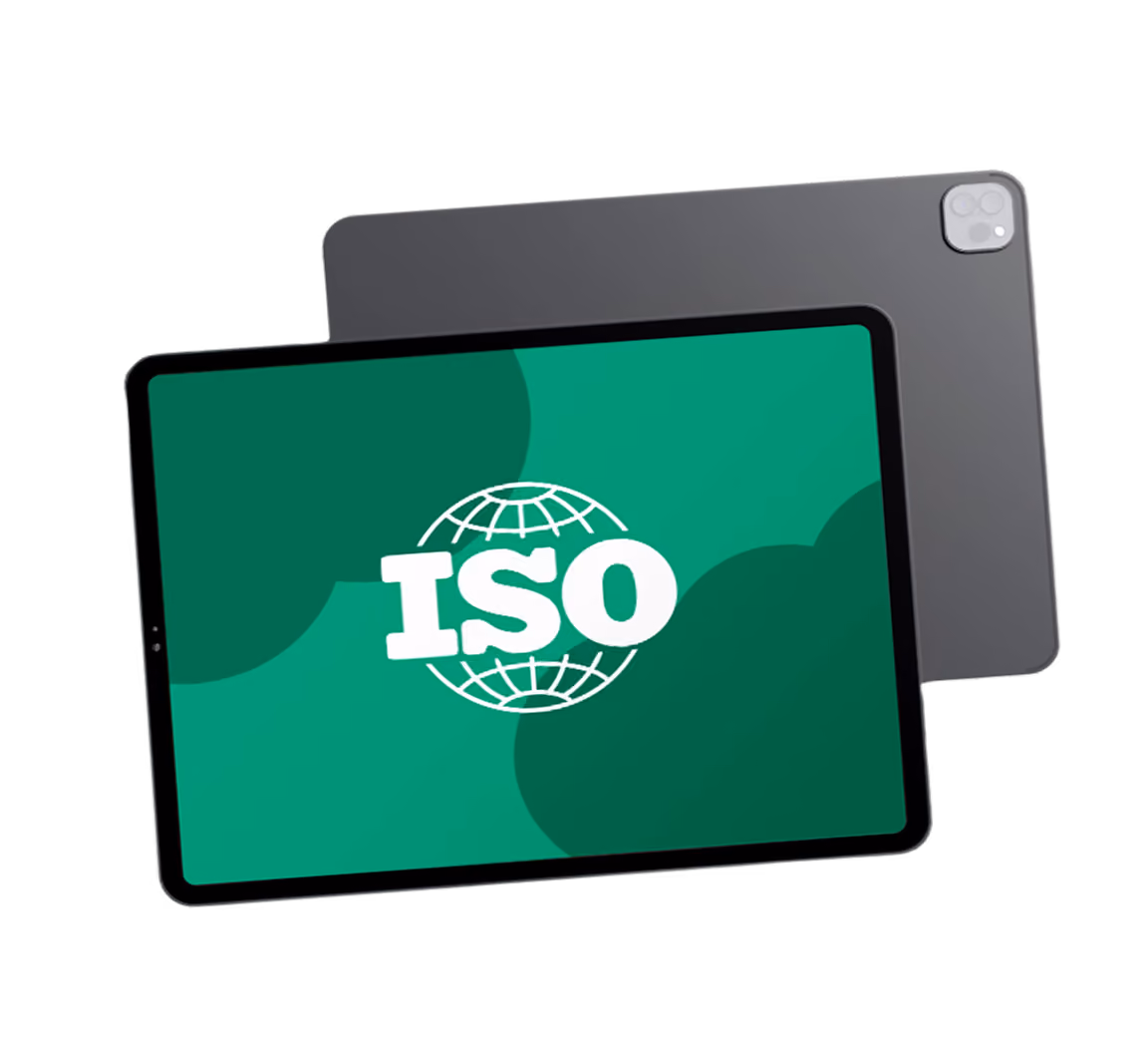 Two black tablets, one showing a green screen with a white ISO logo and a globe outline behind the text.