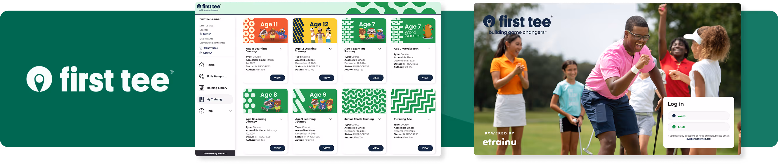 First Tee online learning platform powered by etrainu, showing youth golf training courses and login screen.