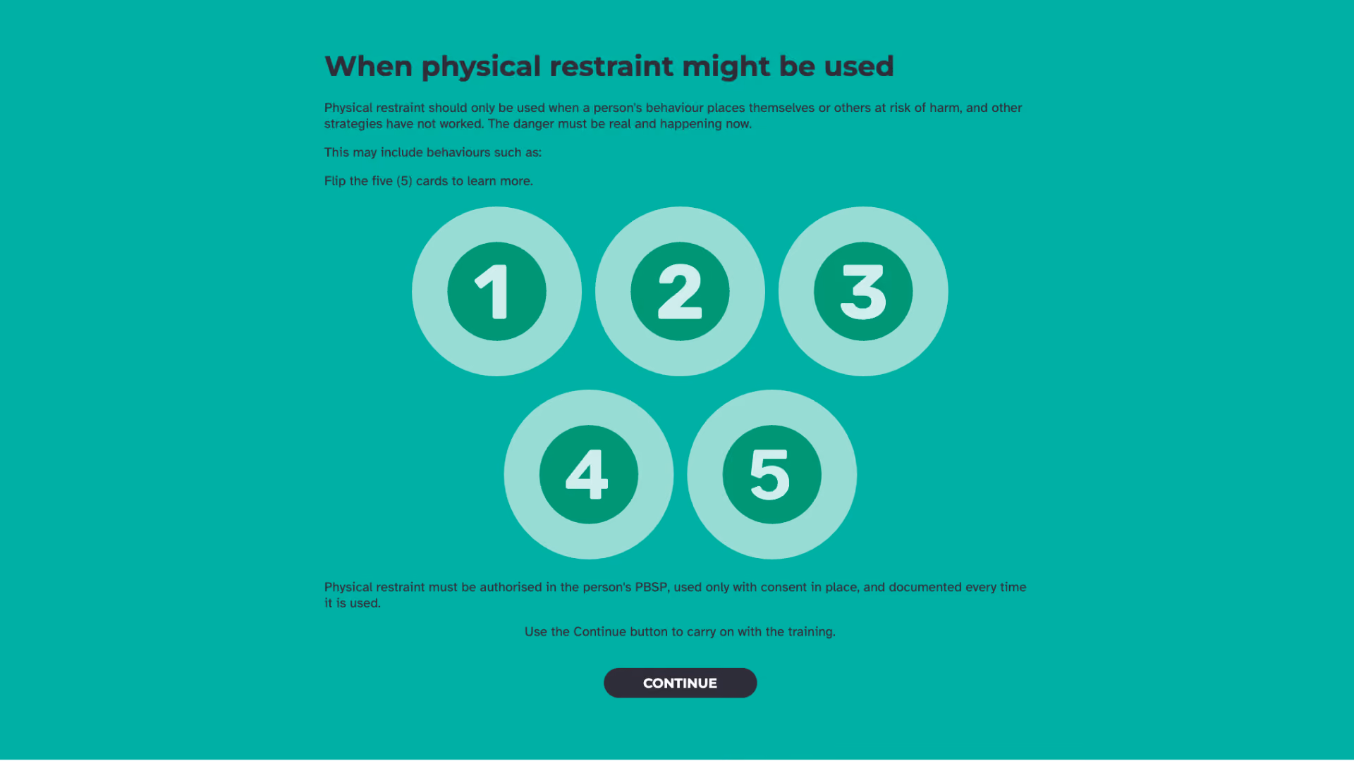 Course screen outlining the five conditions for when physical restraint might lawfully be used
