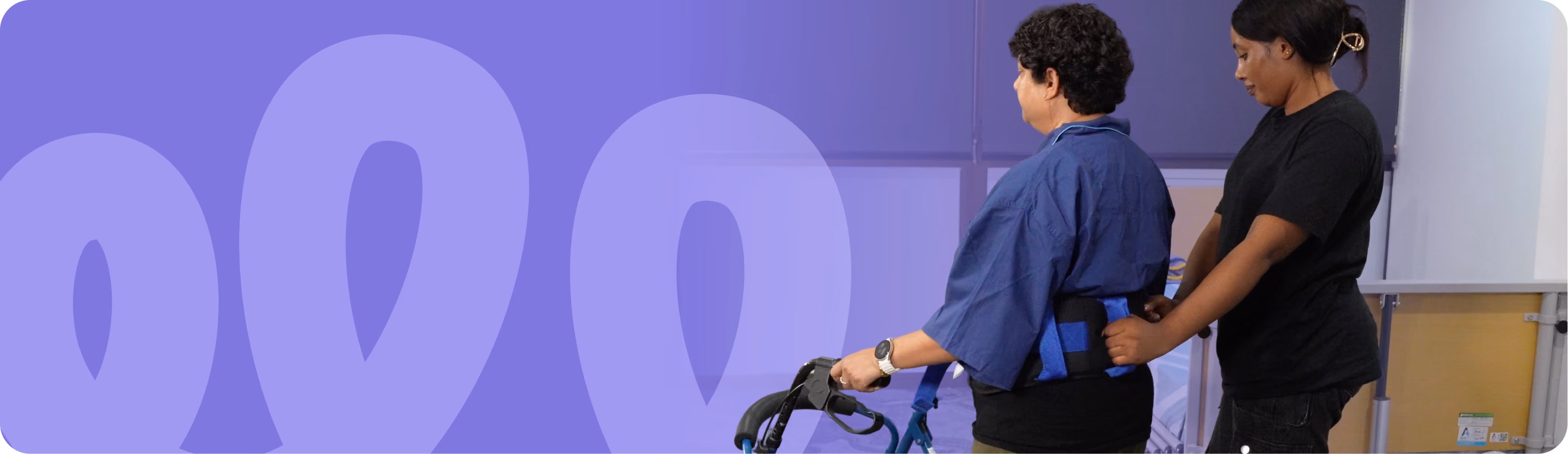 a disability support worker assisting a person with disability with an aid around her waist and a walking aid