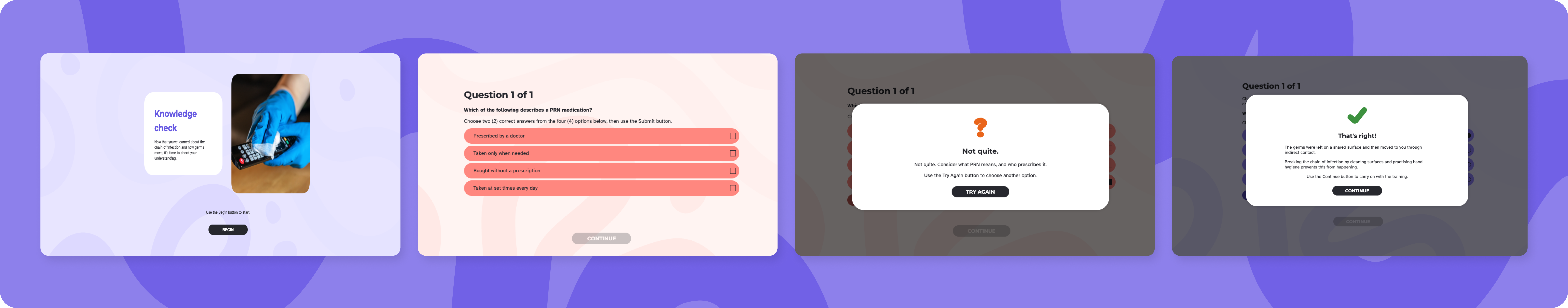 a long purple banner with preview images of disability essentials knowledge checks, the first image is the front cover of the knowledge check, then a question to answer, then an image showing what happens if the answer is wrong, and then an image for when the question is correct
