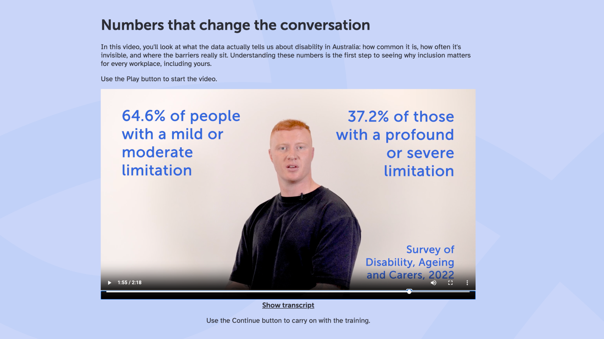 Numbers that change the conversation. A man speaking about disability statistics in Australia, with text indicating percentages of people with limitations.
