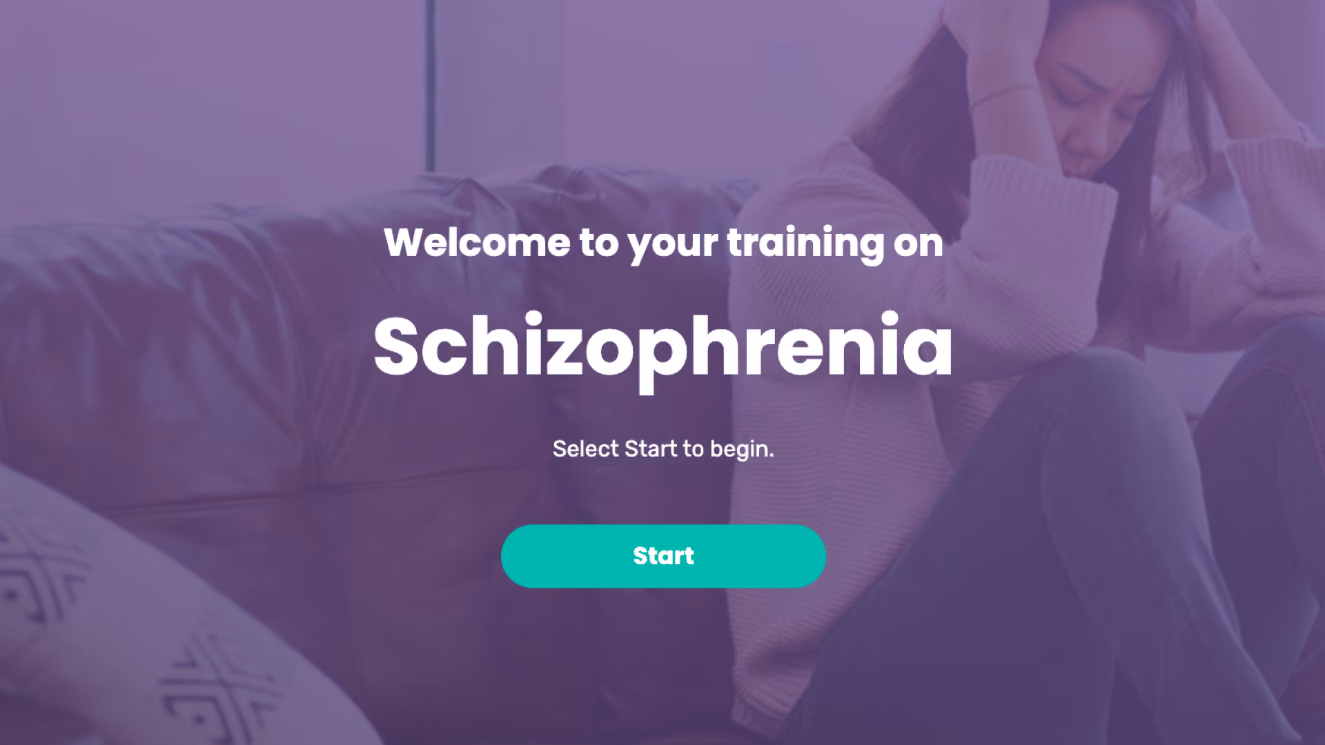 A woman sits on a couch with her hands to her head with the welcome title screen overlay.