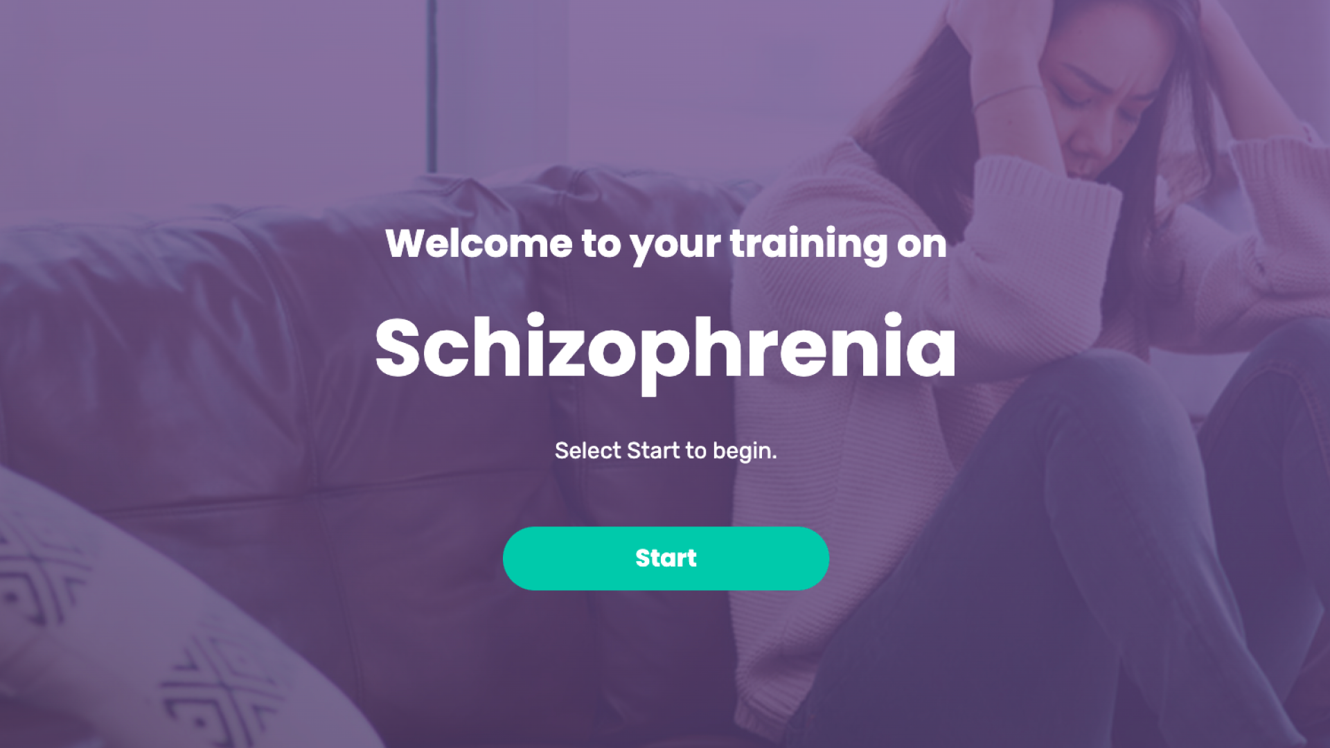 A woman sits on a couch with her hands to her head with the welcome title screen overlay.