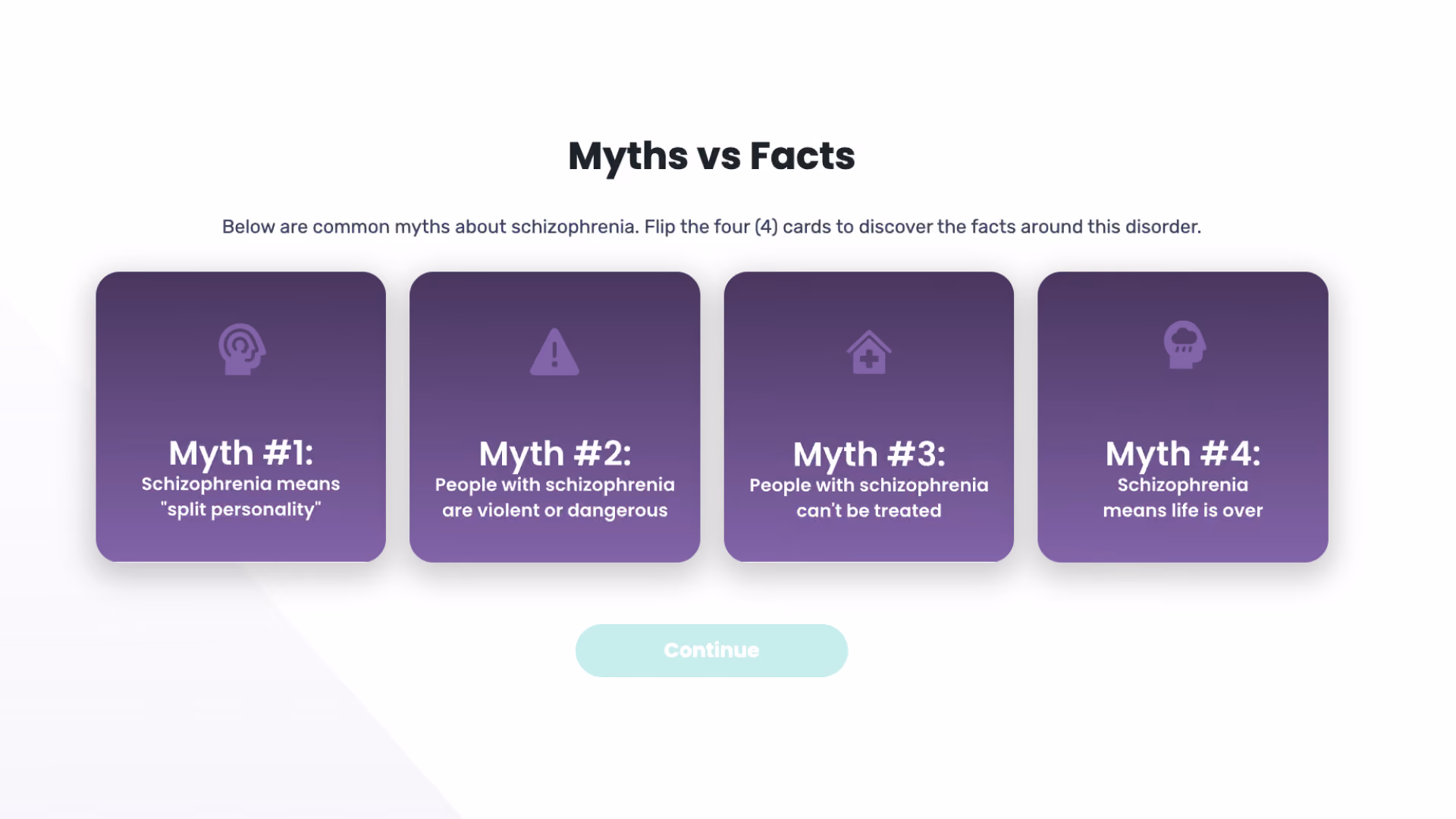 A course screen titled "Myths vs Facts" showing four purple cards labelled Myth #1 to Myth #4, each naming a common myth about schizophrenia.