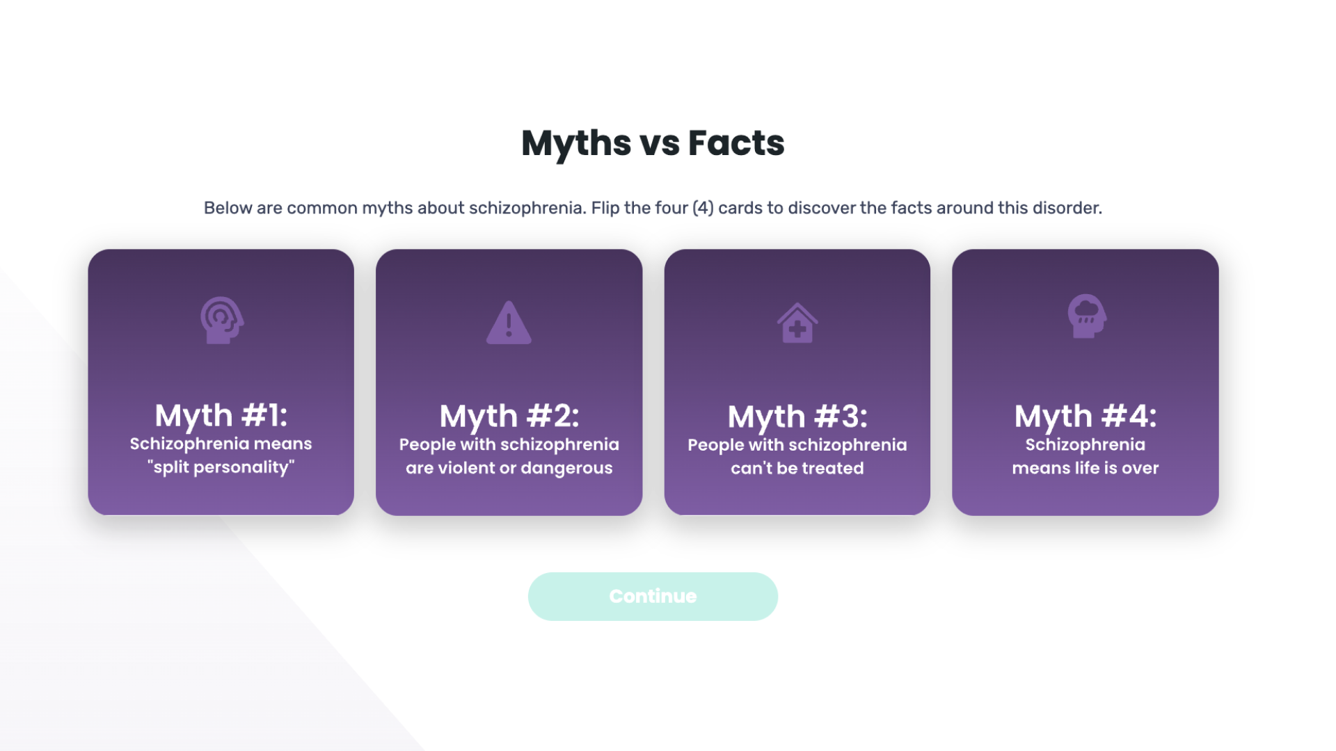 A course screen titled "Myths vs Facts" showing four purple cards labelled Myth #1 to Myth #4, each naming a common myth about schizophrenia.