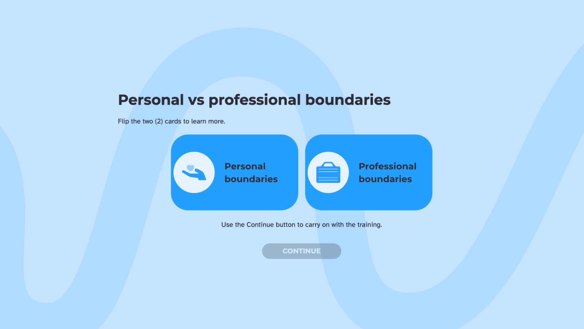 A course screen titled "Personal vs professional boundaries" with two blue flip cards, one showing a hand-and-heart icon labelled "Personal boundaries" and one showing a briefcase icon labelled "Professional boundaries".