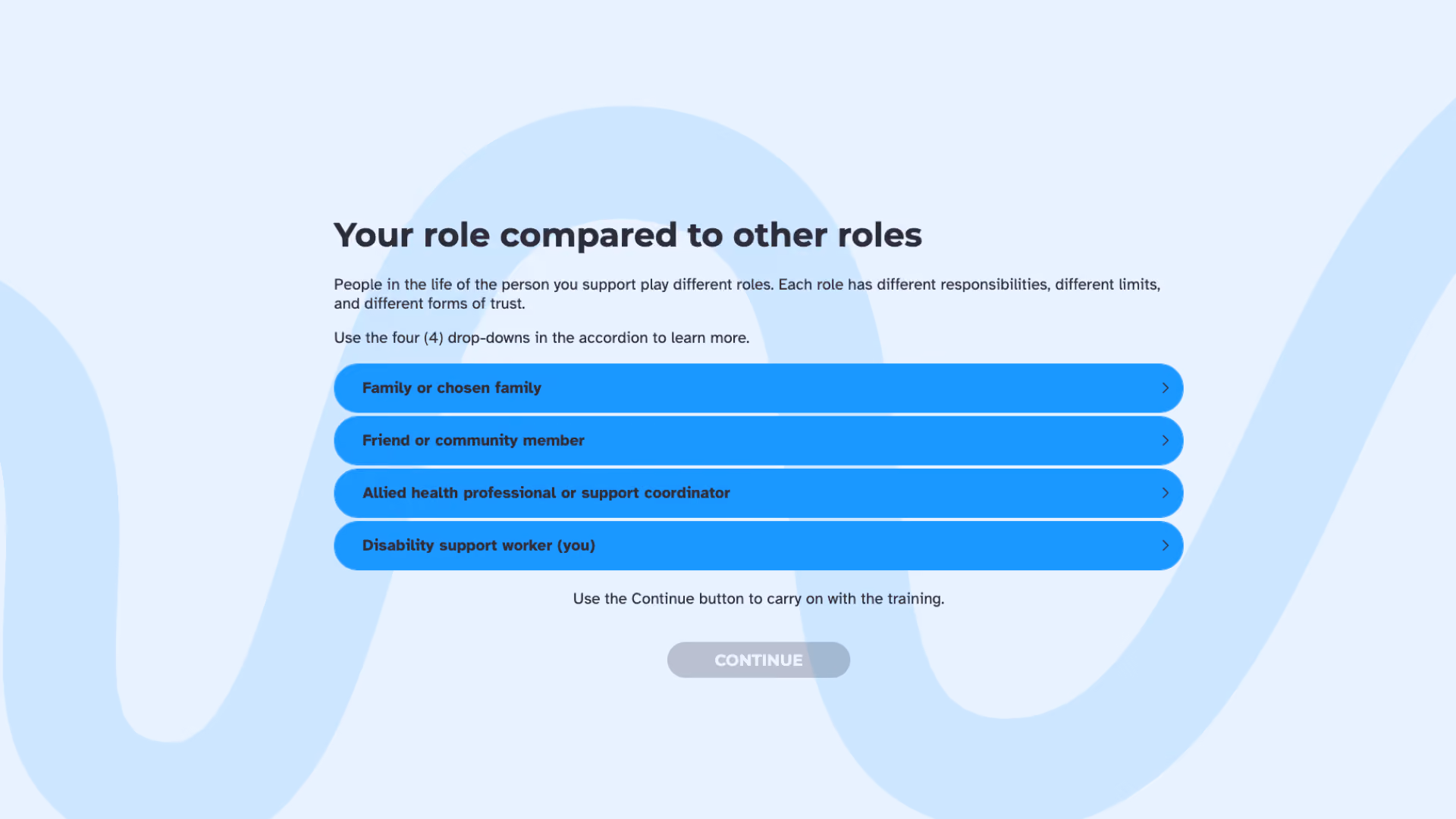 A course screen titled "Your role compared to other roles" with four blue drop-down bars: Family or chosen family, Friend or community member, Allied health professional or support coordinator, and Disability support worker (you).