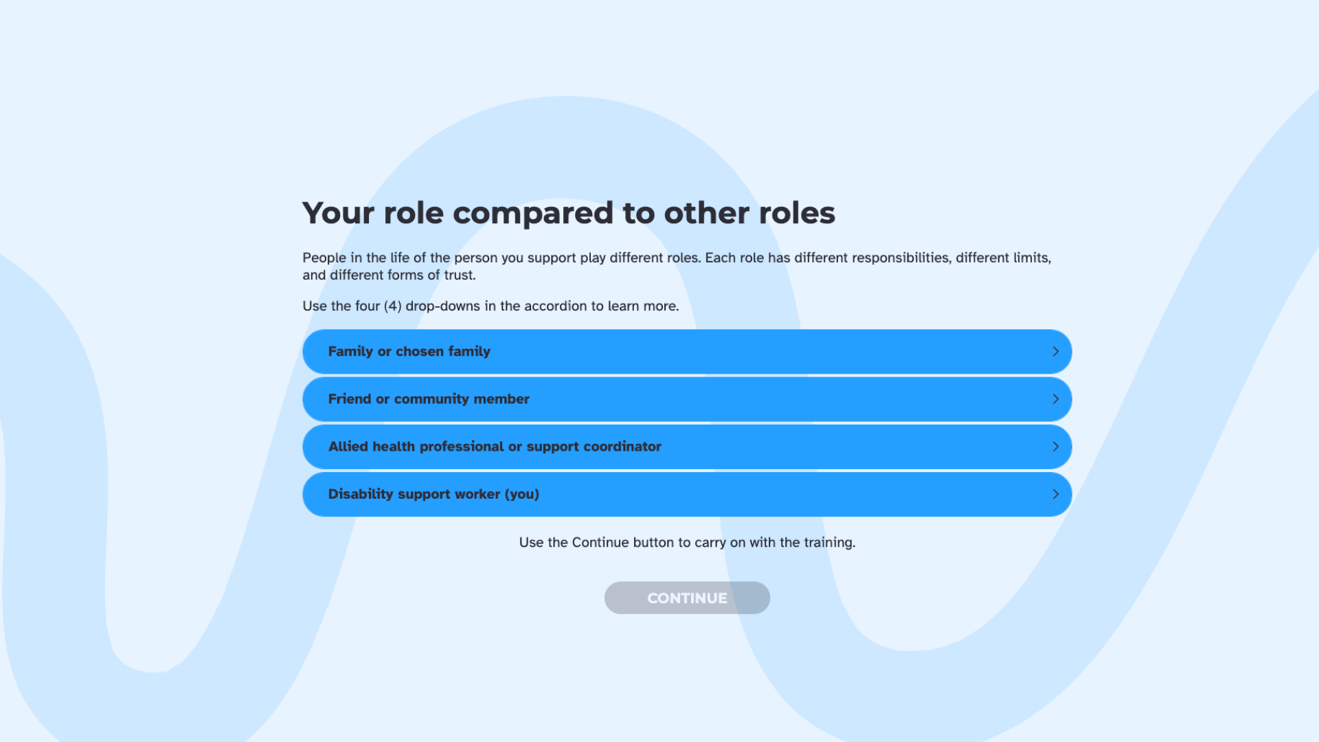 A course screen titled "Your role compared to other roles" with four blue drop-down bars: Family or chosen family, Friend or community member, Allied health professional or support coordinator, and Disability support worker (you).