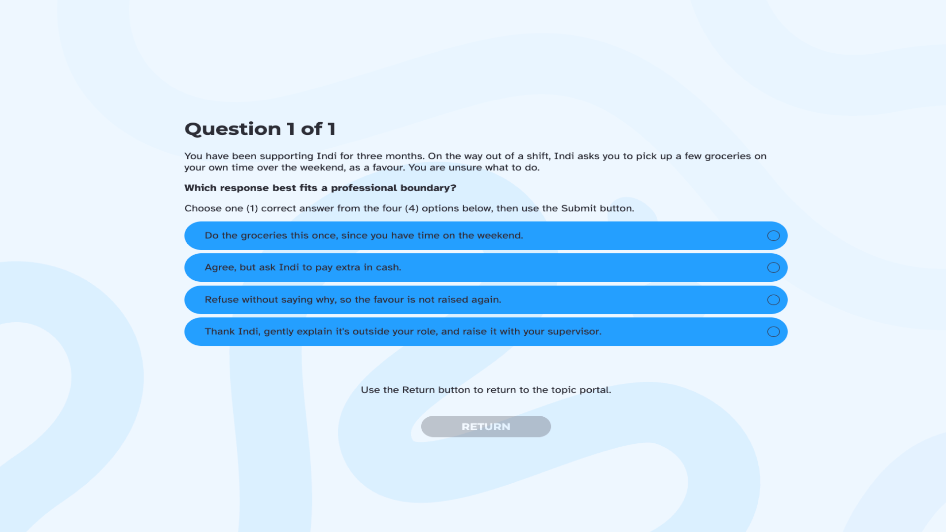 A course screen titled "Question 1 of 1" showing a scenario about a professional boundary, with four blue answer options.